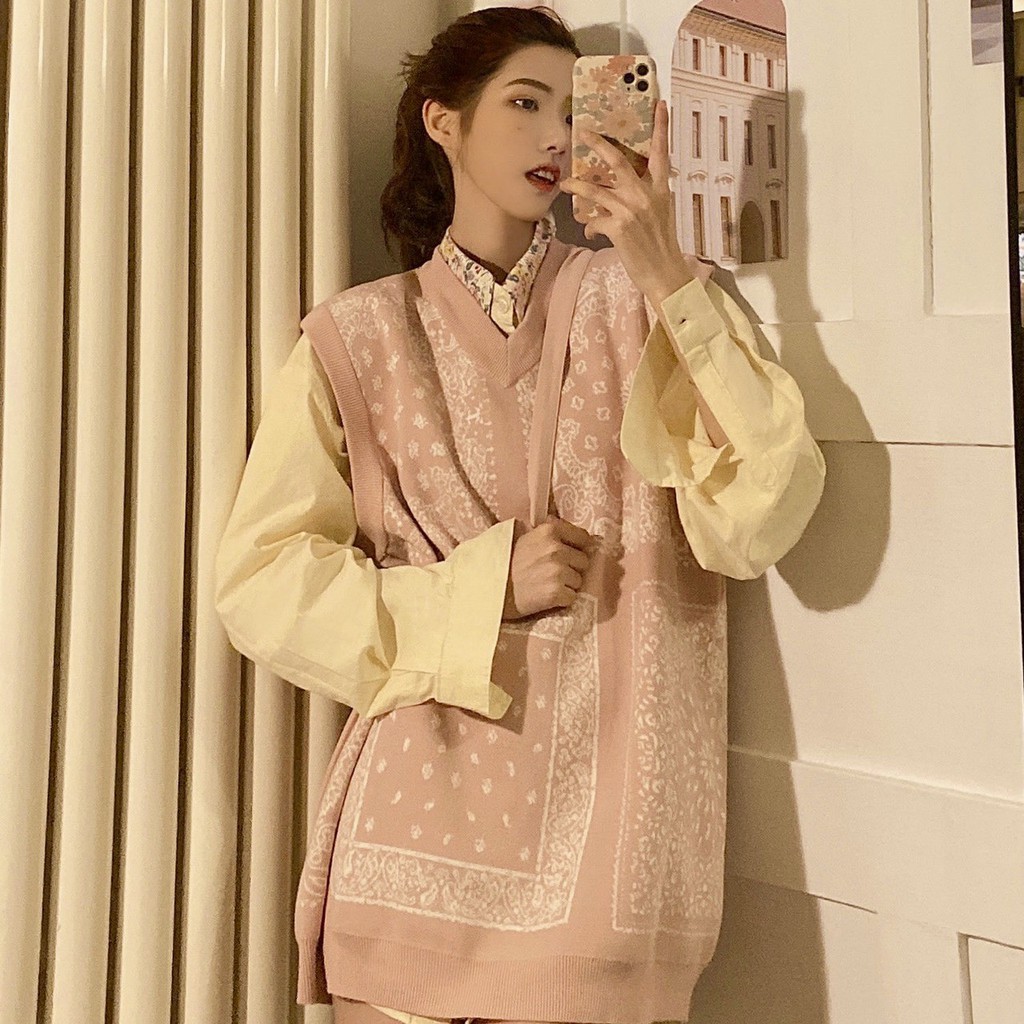 Áo Gile Len Thổ Cẩm, Áo Len Gile Hồng Họa Tiết Dễ Thương Xinh Xắn Hàng Quảng Châu Cao Cấp