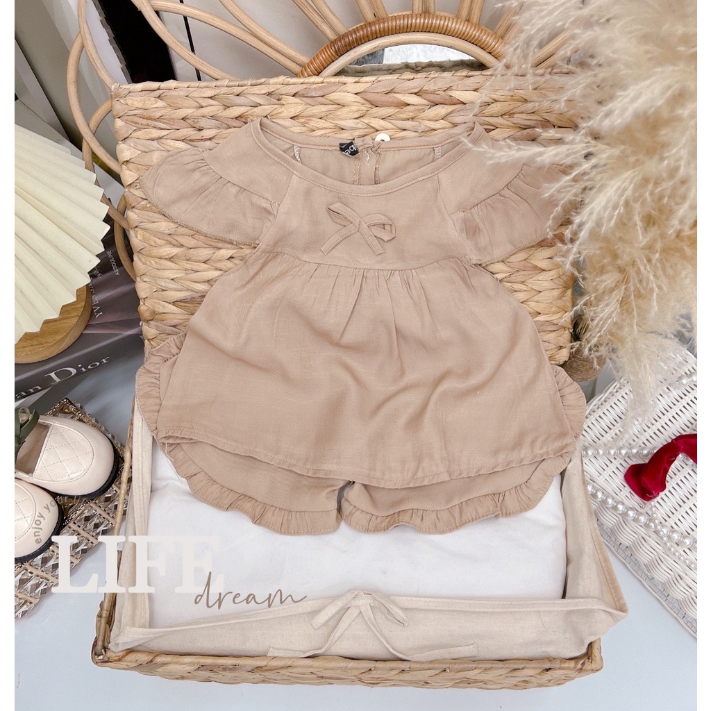 Bộ cộc tay cánh tiên bé gái, bộ bé gái chất đũi hàn 3 màu ống tay và quần bèo siêu mát cho bé