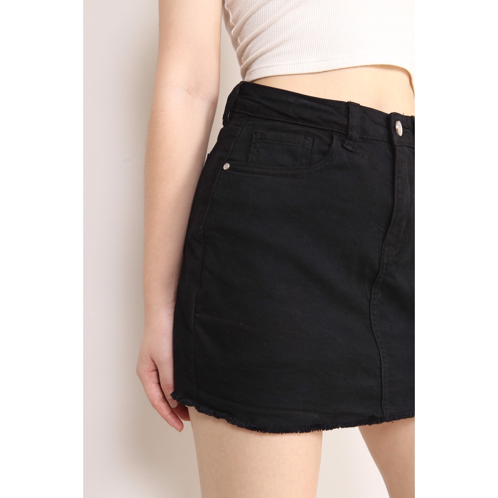 Chân Váy Jean chữ A Đen Trắng Trơn co dãn Gấu Tua Rua CT JEANS