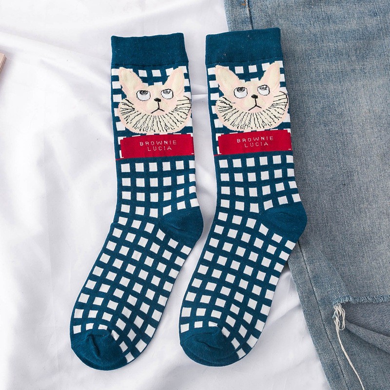 Đôi vớ cotton cổ cao in họa tiết hình mèo dễ thương xinh xắn