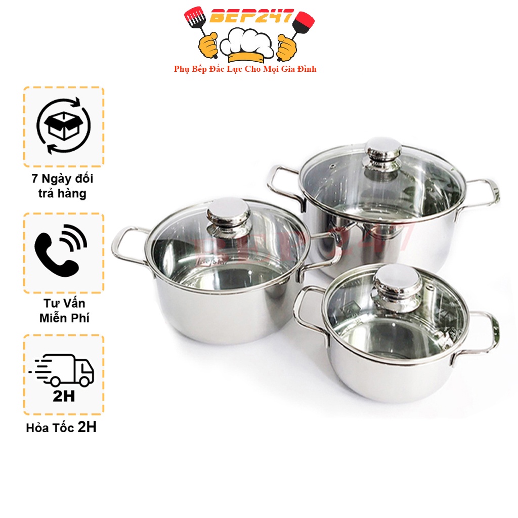 Bộ Nồi Inox Đáy Từ Dùng Cho MỌI LOẠI BẾP, Không Gỉ Sét, Hấp Thu Nhiệt Nhan