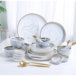 Sẵn Bộ chén bát vân xám nạm vàng 26 chi tiết phong cách Châu Âu