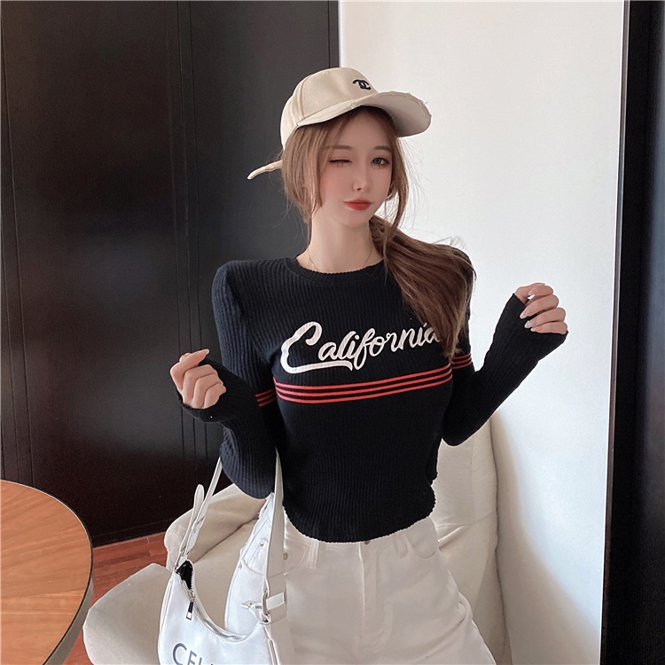 Áo thun ZHELIHANGFEI dệt kim dài tay in chữ thời trang cho nữ