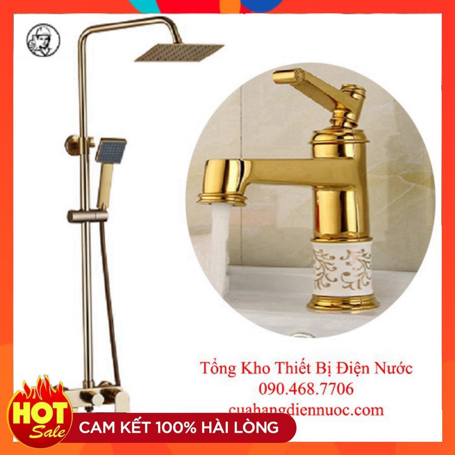 Sen tắm vòi rửa mặt | Combo bộ sen cây vàng ánh kim kèm vòi chậu lavabo nóng lạnh cao cấp - Hàng GIORMANI TAIWAN