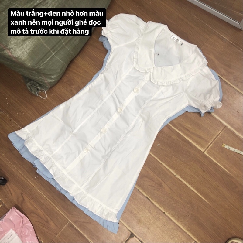 Váy sơmi cổ bèo tay phồng màu xanh dương, đầm khoá kéo | BigBuy360 - bigbuy360.vn