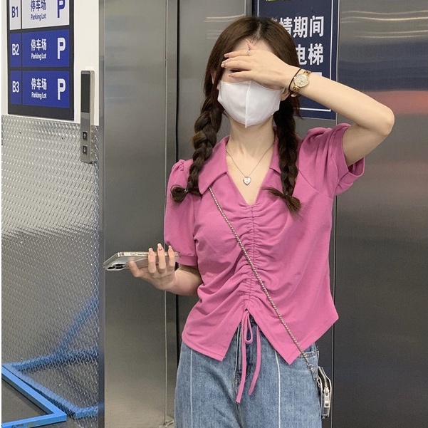 Áo Thun Tay Phồng Ngắn Cổ Chữ V Dáng Rộng Phối Dây Rút Thời Trang Mùa Hè Cho Nữ