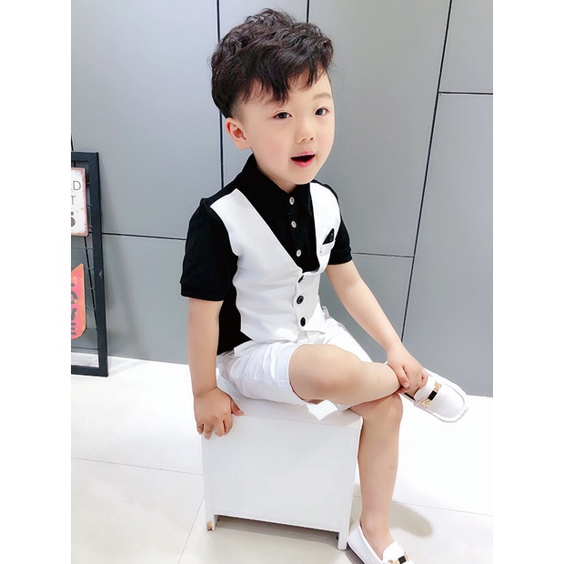 Bộ quần  áo thun cộc tay cho bé.Trước áo được may giả gile, áo cho  bé- h64