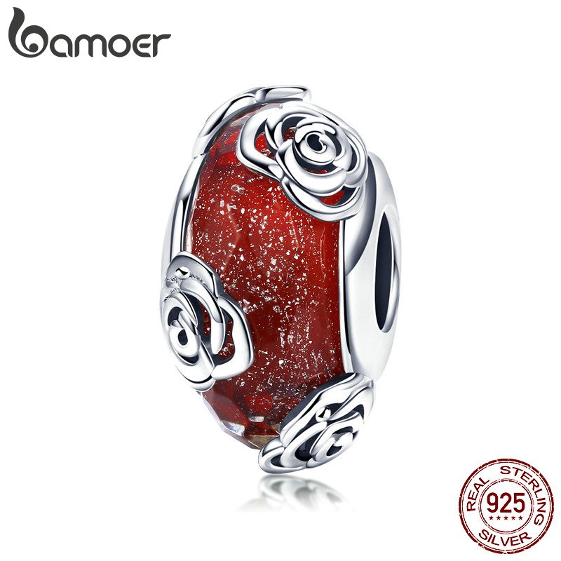 BAMOER Hạt Bạc 925 Hoạ Tiết Hoa Hồng Đỏ Làm Trang Sức