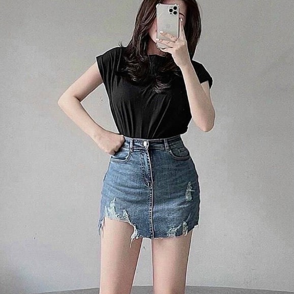 Chân váy jean co giãn lưng siêu cao