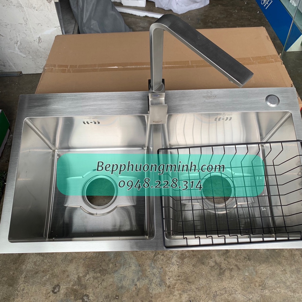 Combo chậu đúc inox KT 78x43, 82x45 và vòi rửa bát nóng lạnh vuông inoxsus304