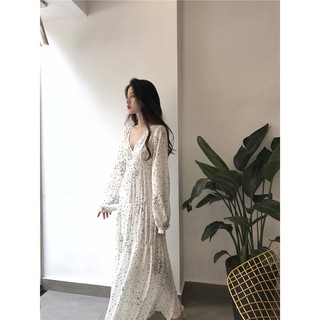 Đầm ulzzang maxi cổ V chấm bi chun eo - u.w