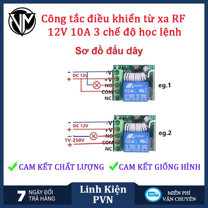 Bộ công tắc RF 10A,12V Bộ điều khiển từ xa thu RF 2 tiếp điểm Relay 10A RF 433 MHz học lệnh 3 chế độ học lệnh