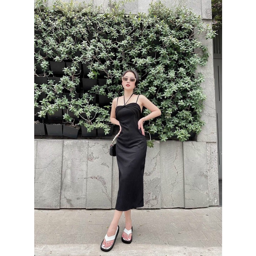 [8.8 Sales Freeship] Đầm nữ ôm body dáng dài, đầm thun đen 2 dây cột dây cổ nhún ngực mặc dạo phố siêu tôn dáng, sexy
