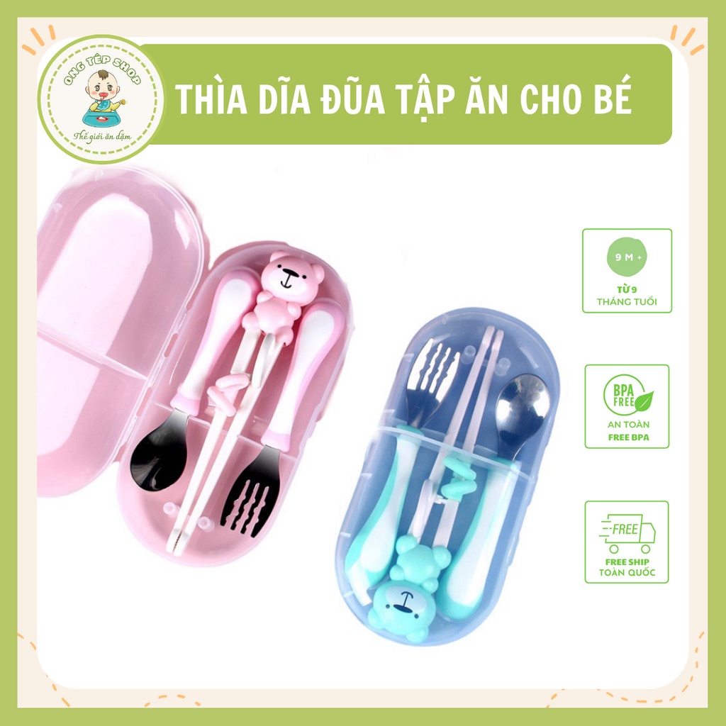Bộ thìa dĩa đũa cho bé tập ăn hình gấu chất liệu inox 304