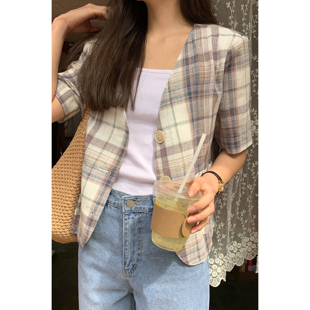 Áo Vest Blazer 3 cúc Cổ V Form rộng Phối túi Kẻ sọc caro Áo Vest Blazer nữ Ngắn tay Ulzzang Hàn Quốc Thời trang | BigBuy360 - bigbuy360.vn