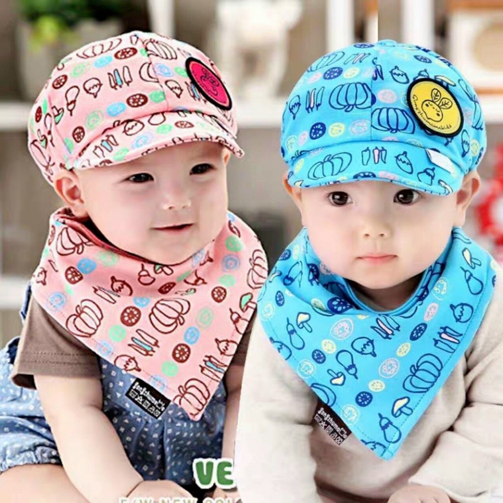 Set mũ lưỡi trai kèm khăn yếm cho bé sơ sinh 0-8 tháng