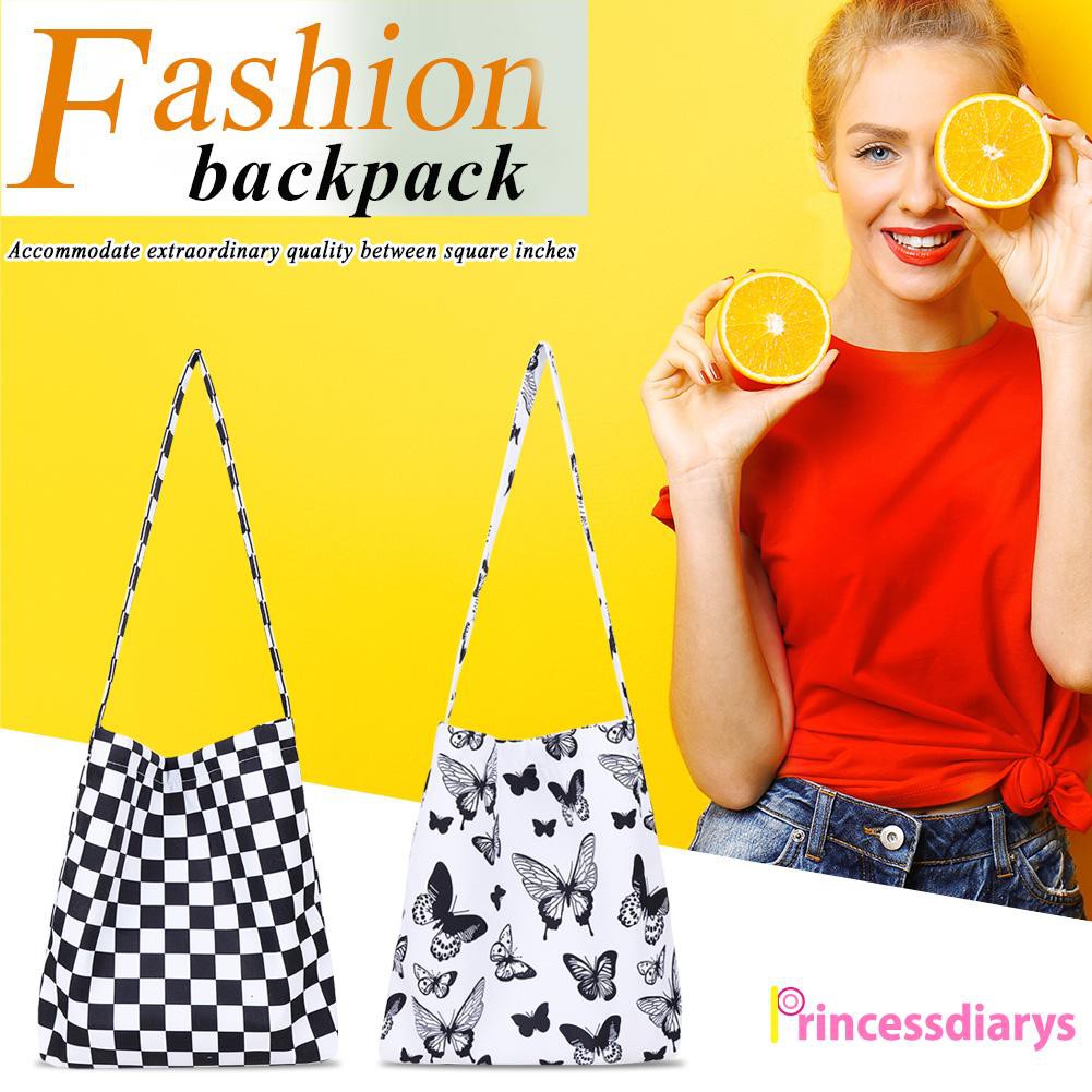 Fashion Women Checkerboard Butterfly Print Canvas Shopping Bag Tote Handbag