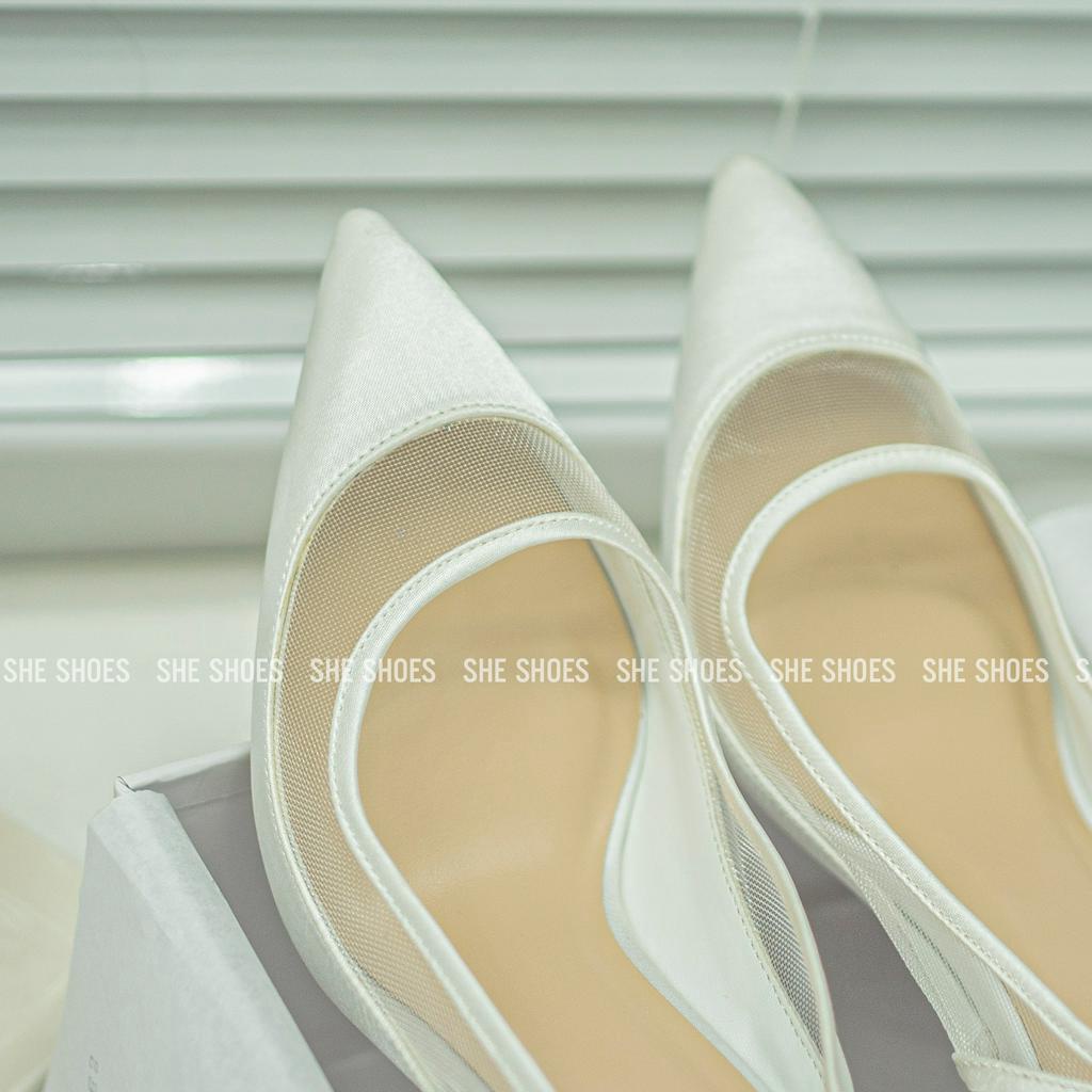 GIÀY CƯỚI Slingback satin phối lưới đính nơ gót VIE - độc quyền bởi SHE SHOES