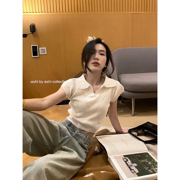 Porozi  Áo thun dệt kim  mỏng tay ngắn cổ polo thời trang Hàn Quốc dành cho nữ