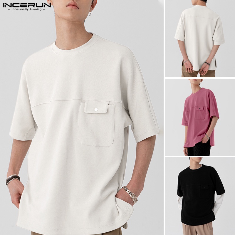 Áo thun INCERUN tay ngắn cổ tròn dáng rộng phối lưới ngọc trai phong cách Hàn Quốc độc đáo cho nam