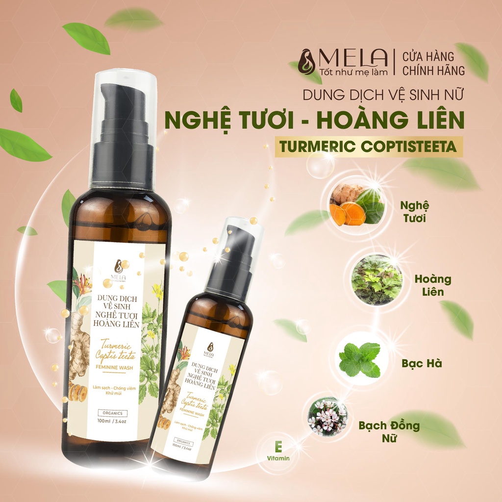 Dung Dịch Vệ Sinh Phụ Nữ Nghệ Hoàng Liên MELA, Nước Rửa Phụ Khoa Kháng Khuẩn Khử Mùi Cân Bằng Độ PH 100ml - ML06