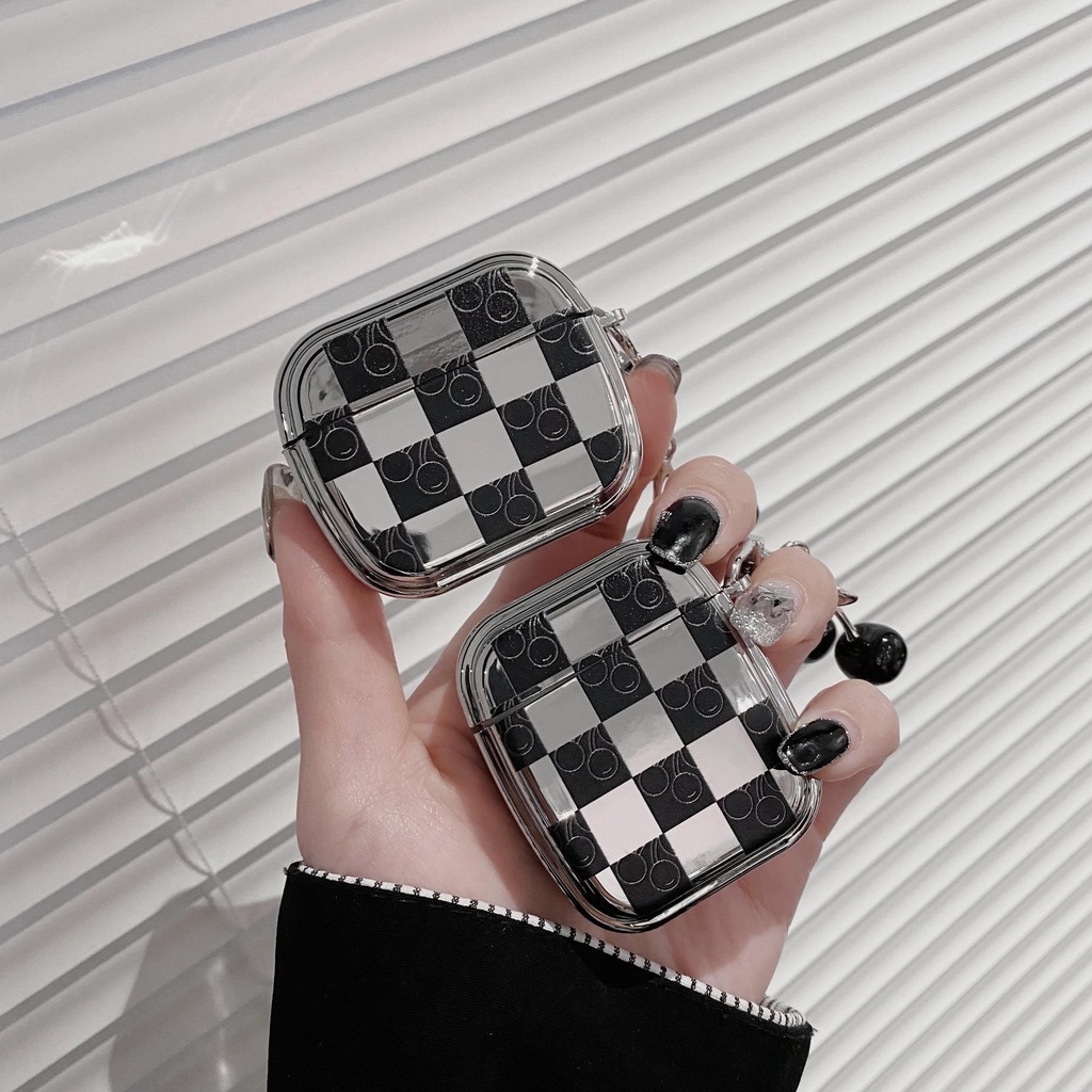 Vỏ Bảo Vệ Hộp Sạc Tai Nghe AirPods 1 2 Pro 3 2021 Bluetooth Bằng TPU Mềm Mạ Điện Họa Tiết Cherry Phối Sọc Caro Sáng Tạo