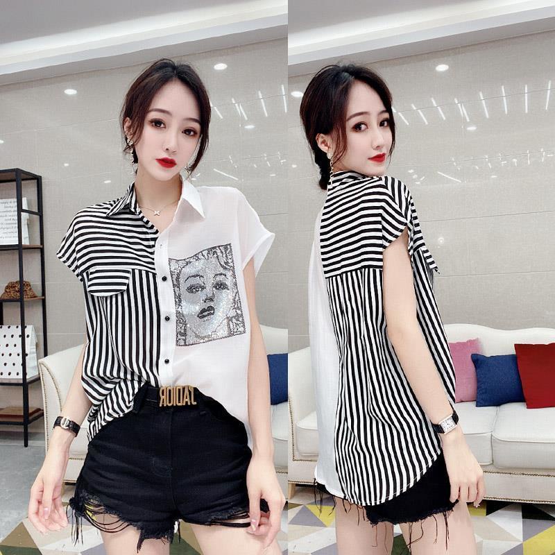 Áo sơ mi ngắn tay họa tiết sọc mỏng thiết kế dáng rộng phong cách Châu Âu thời trang mùa hè cho nữ