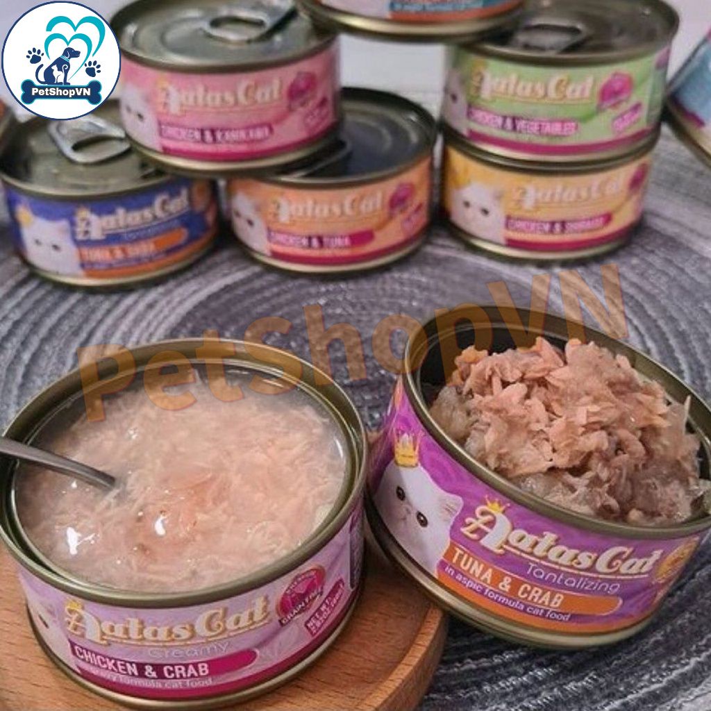 Pate Cho Mèo AATAS CAT Dạng Súp Gà Sợi Nhuyễn Lon 80g Kết Hợp Topping Thơm Ngon, Bổ Dưỡng, Mượt Lông.