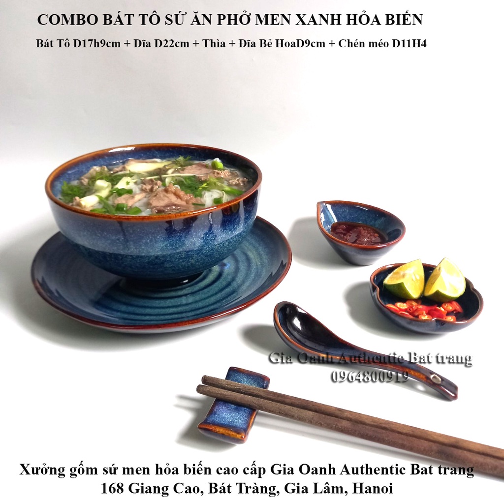 (COMBO) Set bát tô ăn phở - men hỏa biến cao cấp -Tô sứ D17h9+Dĩa D22+Chén Sốt+đĩa ớt chanh Gia Oanh Authentic Bat trang