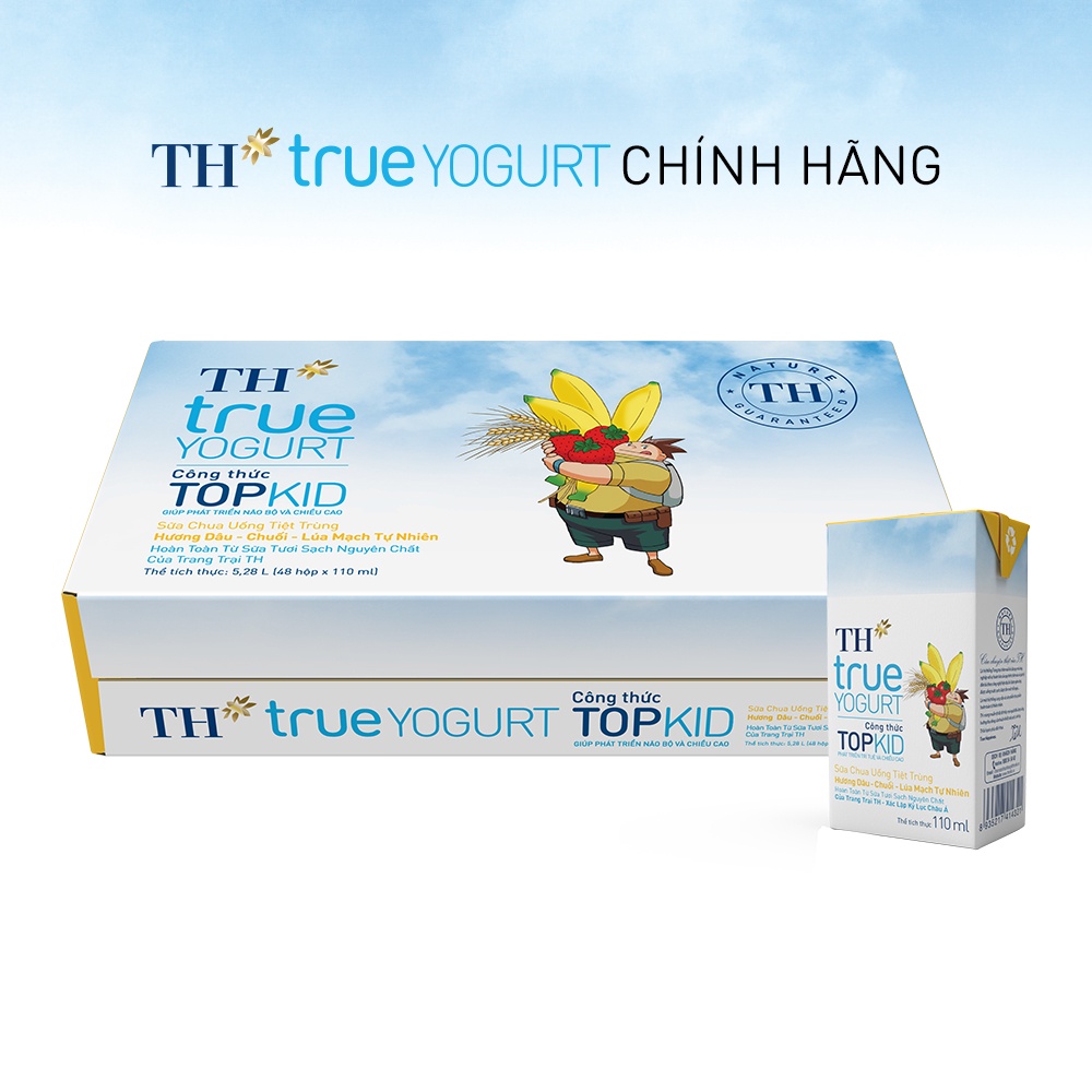 Thùng 48 hộp sữa chua uống tiệt trùng TOPKID hương dâu-chuối-lúa mạch tự nhiên TH True Yogurt 110ml (110ml x 48)