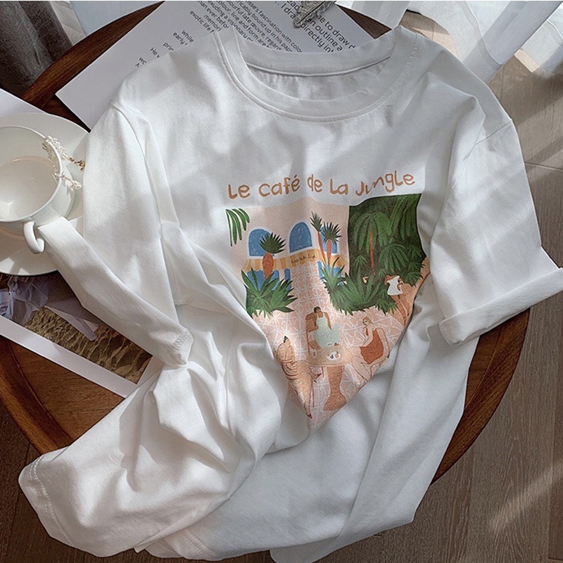 HIIXIIVI Áo Thun 100% cotton Tay Ngắn Cổ Tròn In Hình Hoàng Hôn Thời Trang Mùa Hè Phong Cách Hàn Quốc Dành Cho Nữ 2022