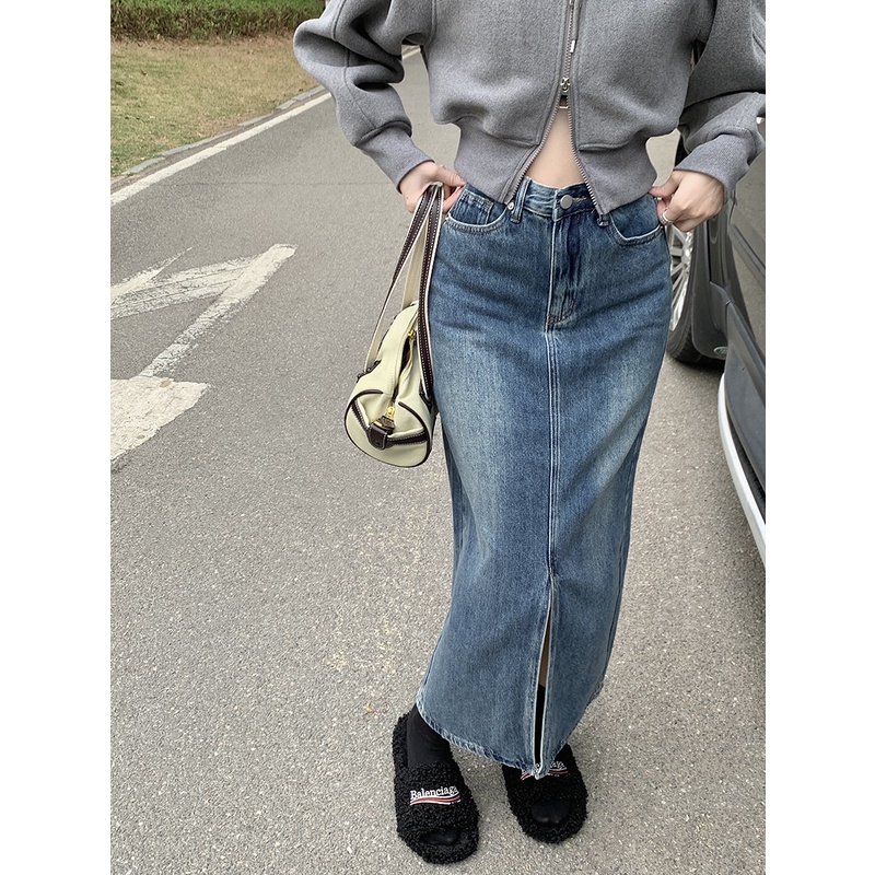 Chân Váy Denim Xẻ Tà Phong Cách Retro Thời Trang Mùa Hè 50408