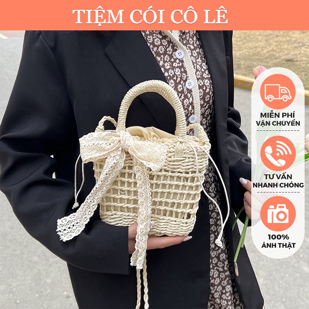 Túi cói mini đan kiểu rào thưa phối nơ ren xinh xắn đi biển, chụp ảnh - Tiệm Cói Cô Lê