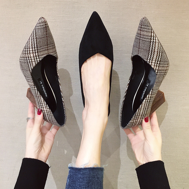 Giày cao gót mũi nhọn kẻ sọc caro phong cách Hàn Quốc nữ tính