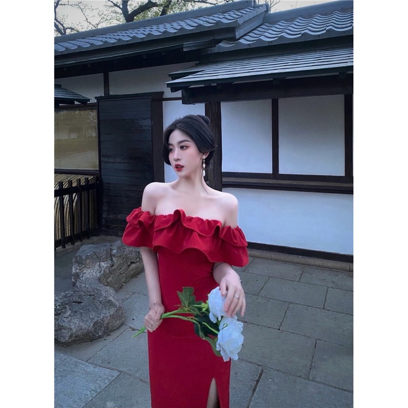 RUBY DRESS Đầm body đỏ xẻ tà trễ vai dún bèo gợi cảm phong cách thanh lịch SAM SAM BOUTIQUE