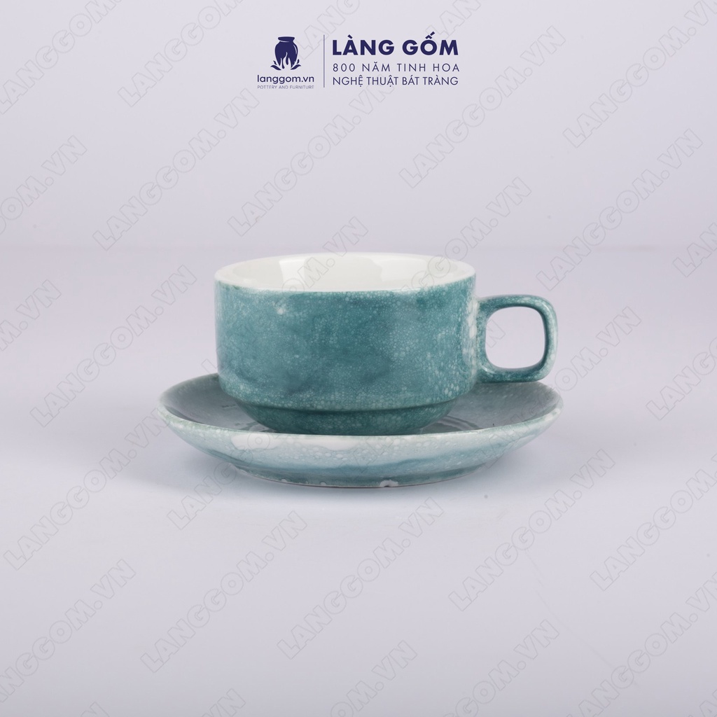 Cốc cà phê Cappuccino vân đá kèm đĩa, dáng vuông, dung tích 150ml, gốm sứ Bát Tràng cao cấp giữ nhiệt - LÀNG GỐM