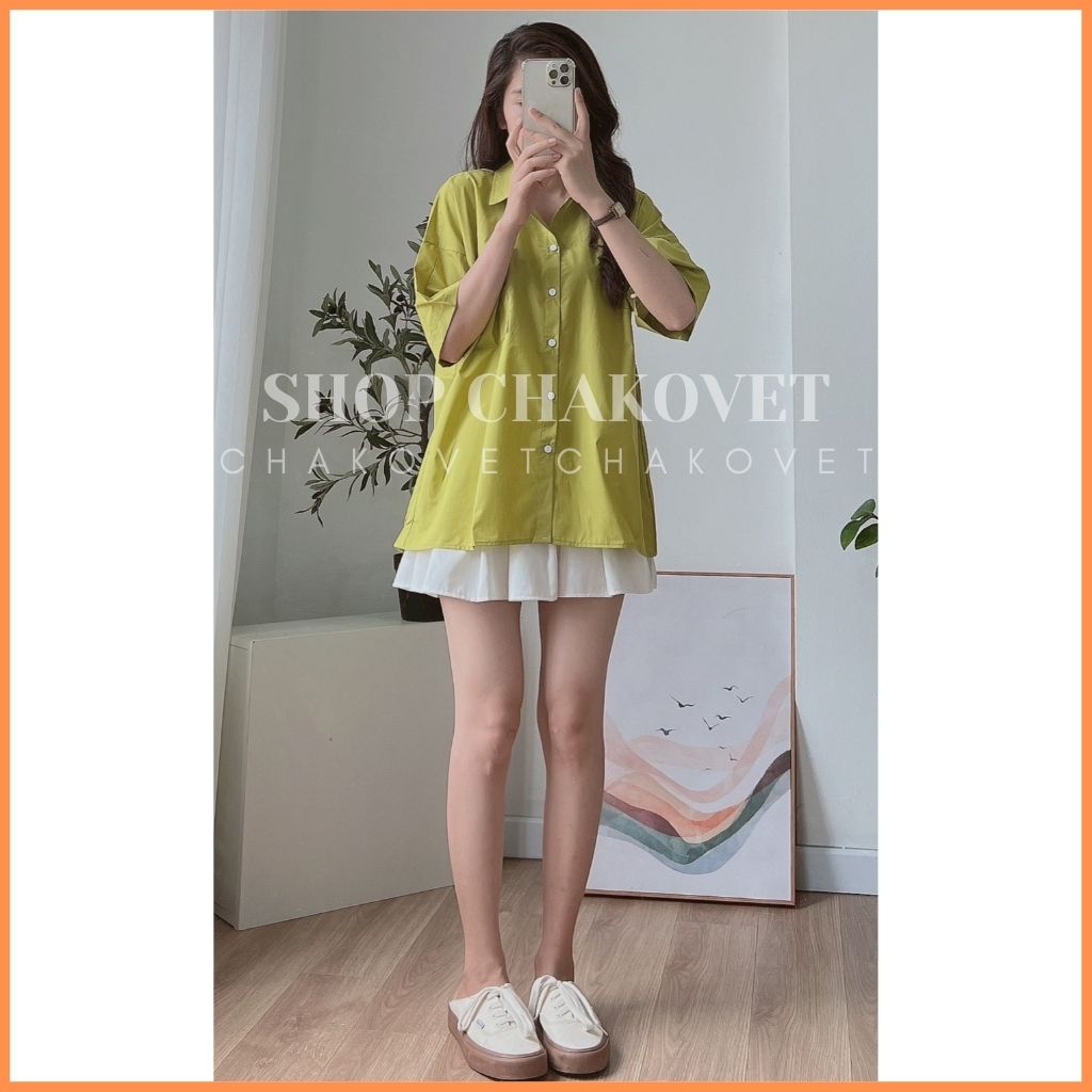 Áo sơ mi nữ màu xanh cốm A8309 Kiểu áo tay lỡ oversize cực cá tính dưới 55kg