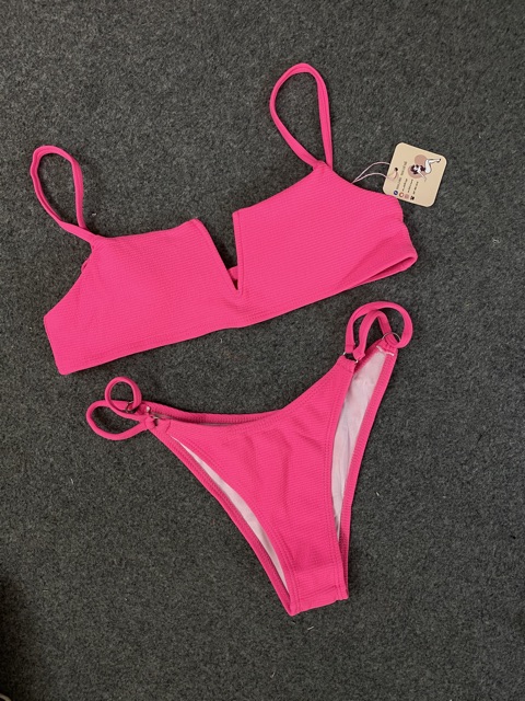 [BKN597] &lt;ÂU&gt; SET BIKINI CỔ V VẢI GÂN XANH NEON/CAM/HỒNG