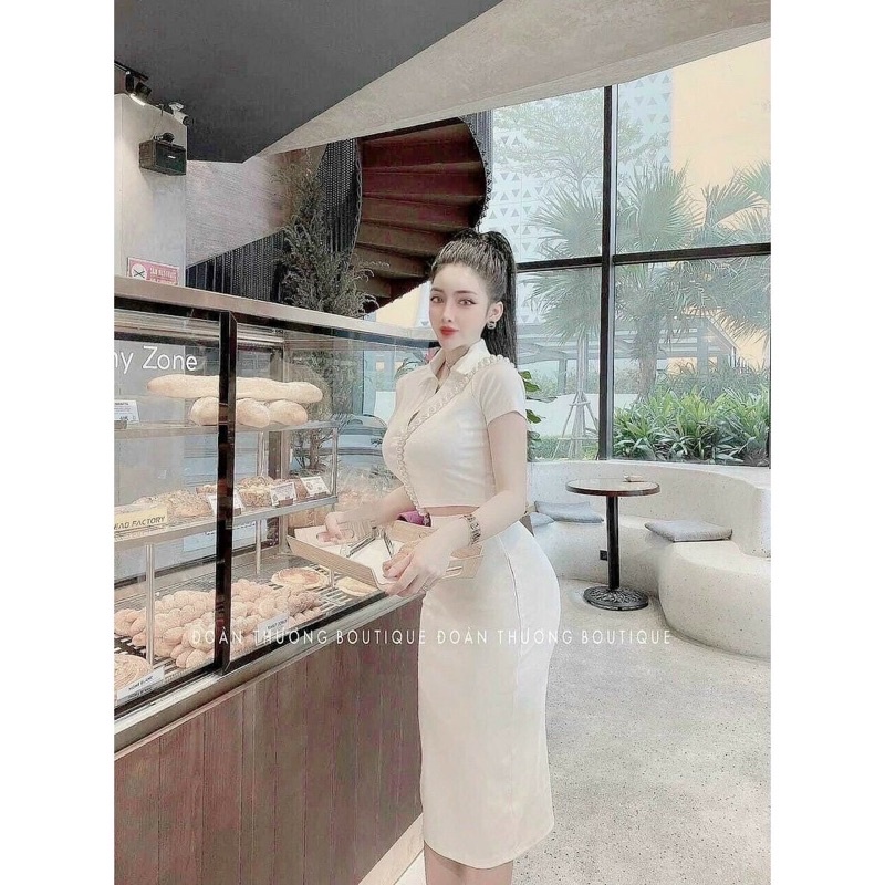 Set Chân Váy Bút Chì Kèm Áo Croptop Tay Ngắn Cổ Sơ Mi Thun Borip