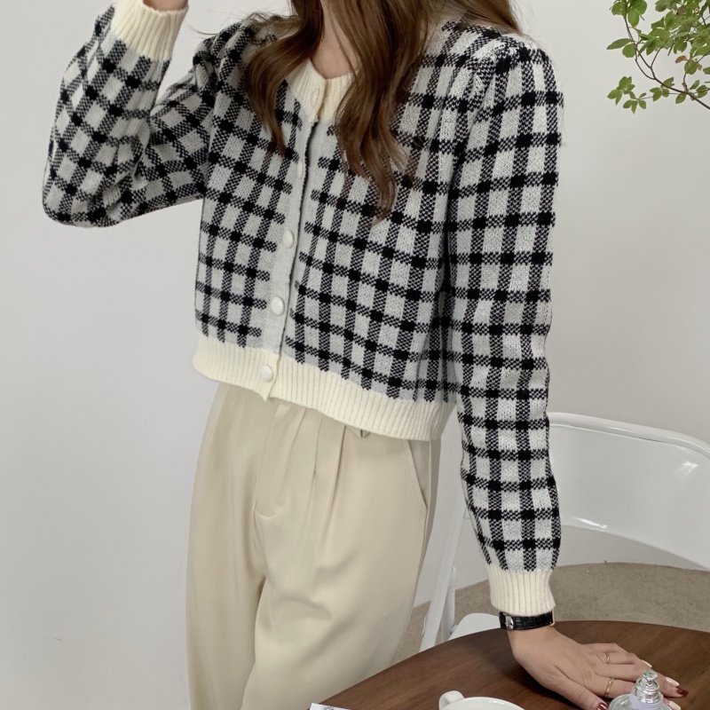 Áo khoác cardigan dệt kim tay dài họa tiết sọc caro phong cách Hàn Quốc thanh lịch