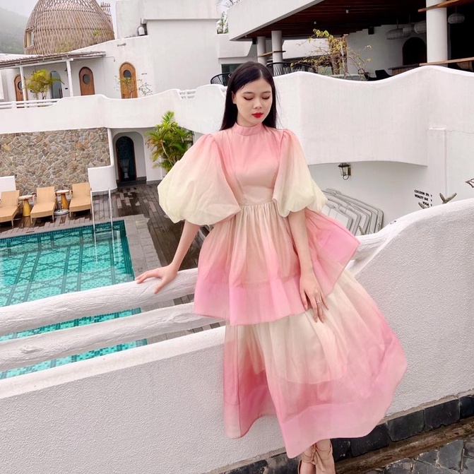 Mita Boutique - Váy Nữ Maxi Ba Tầng Tay Bồng Màu Ombre Legan Mita - MIDA0110