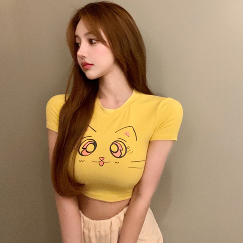 Áo Thun Croptop Tay Ngắn Cổ Tròn In Hoạt Hình Kiểu Hàn Quốc Thời Trang Mùa Hè Năng Động