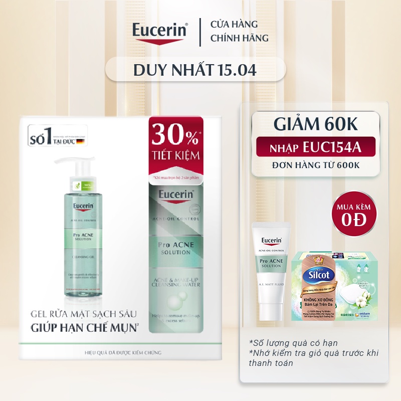 Combo Eucerin Làm Sạch Sâu Cho Da Mụn (Gel Rửa Mặt ProAcne 200ml &amp; Tẩy Trang ProAcne Cleansing Water 200ml)