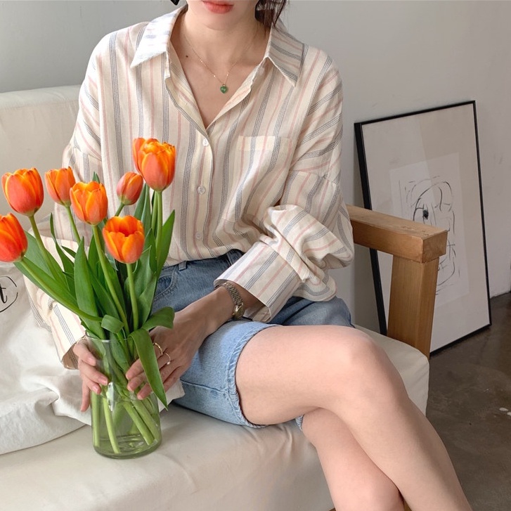 SUXI Sơ Mi Nữ Kẻ Sọc Dài Tay Thời Trang Hàn Quốc