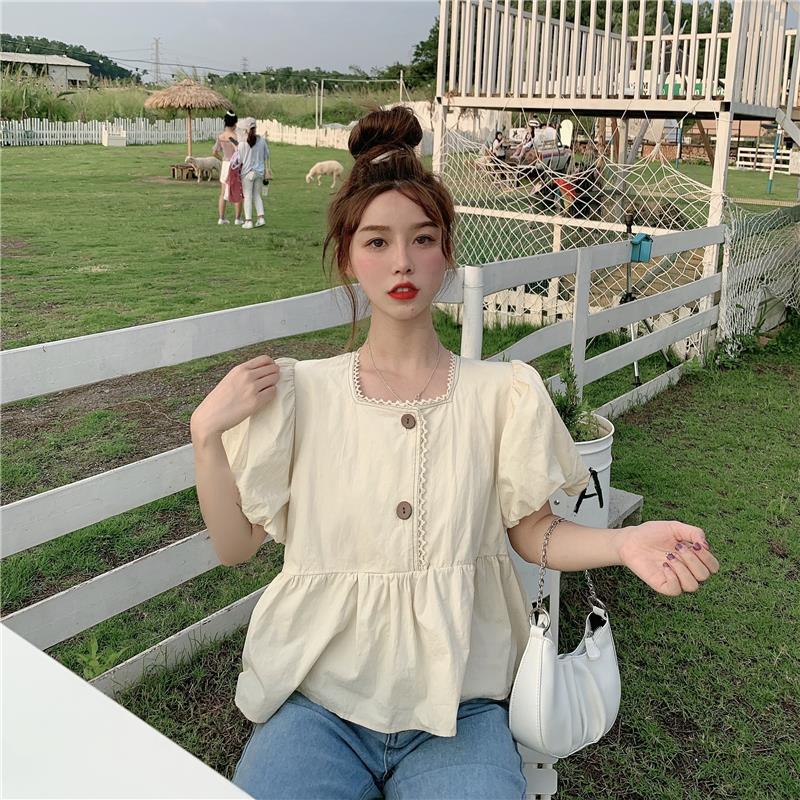 Áo sơ mi tay ngắn tay phồng cổ vuông dễ thương Hàn Quốc 2021