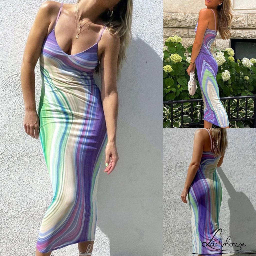 Đầm hai dây cổ chữ V màu sắc tương phản thời trang dành cho nữ