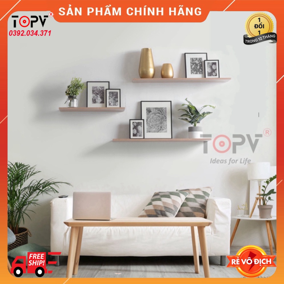 Bộ 3 kệ gỗ treo tường decor TopV giá trang trí bằng thanh gỗ ngang gắn tường mini phòng khách phòng ngủ đen TopVHCM