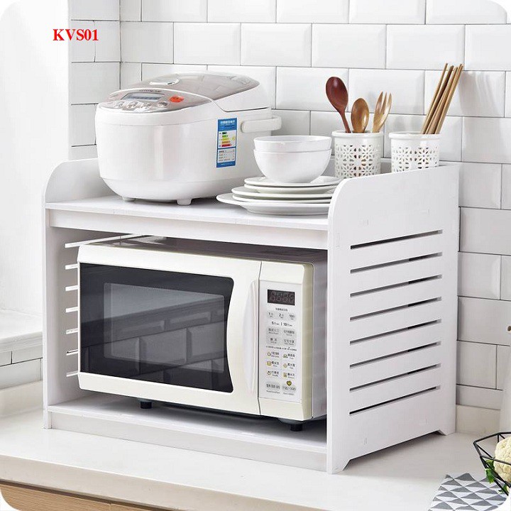 Kệ lò vi sóng bằng gỗ PVC KVS01 - Kệ lò vi sóng 2 tầng