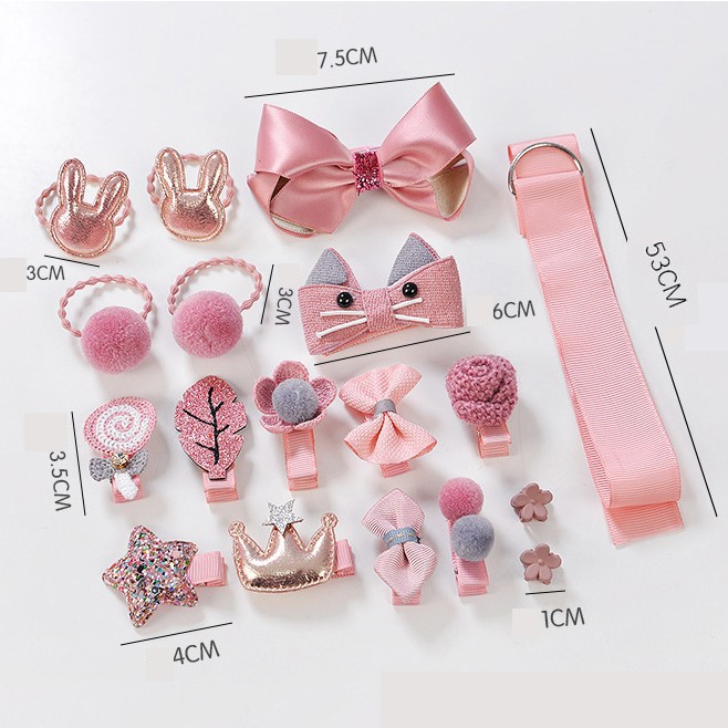 Hộp quà tặng 18 kẹp tóc buộc tóc công chúa Hàn Quốc cho bé KB6815 đan len hand made màu hồng nhiều hình dễ thương