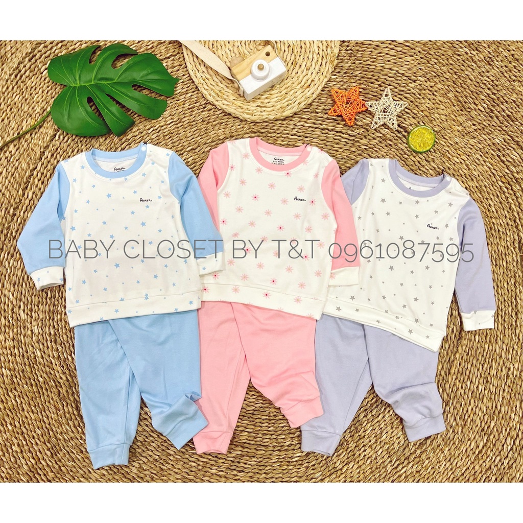[CHÍNH HÃNG] Bộ nỉ dài tay bo gấu cài vai bamboo cotton họa tiết trẻ em Avaler